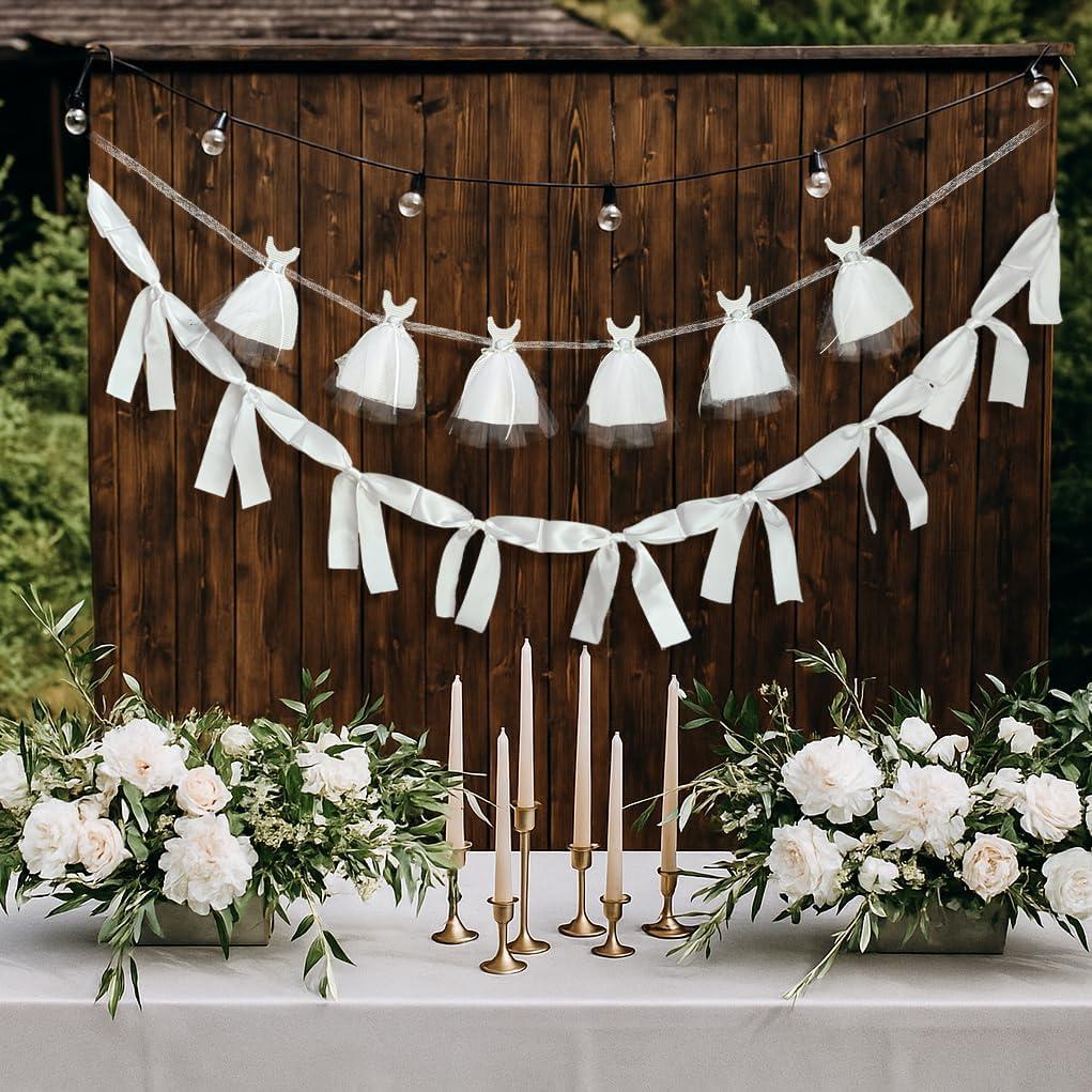 2Pcs Bridal Shower Banner Wedding Dress & Pre-Assembly White Ribbon Bow Garland for Wedding Reception Sign |Bride & Bachelorette Party Dcor, Bride and Groom Engagement Gift | Bridesmaid Favor Chair Banner