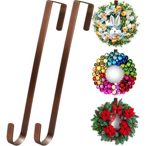 12 Wreath Hanger Over the Door Hooks, Non Scratch Wreath Door Hanger Hooks for Hanging Welcome Sign, Metal Wreath Hangers for Front Door Dcor, Thin Door Hanger for Easter Halloween Home Decoration (12-inch Bronze-2 Pack)