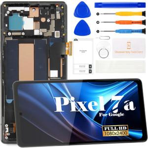 for Google Pixel 7a Screen Replacement 6.1 Inch  LCD Display + Digitizer Assembly with Frame, Repair Kit Included, Fingerprint Function Ready (GWKK3/GHL1X/G0DZQ/G82U8)  Black