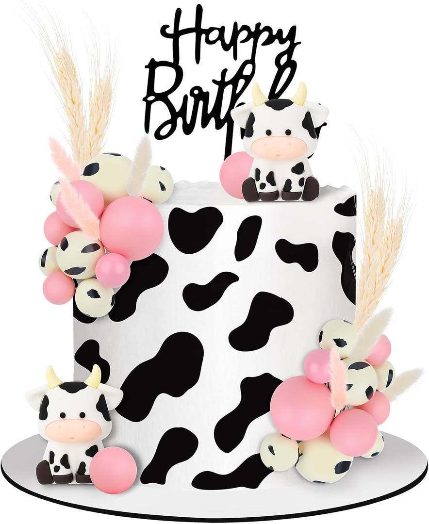Jspupifip 25 PCS Pink Cow Cake Decorations, Birthday Cow Cake Topper with Miniature Figurines, Farm Animal Cake Topper for Baby Shower, Birthday Party, Cow Theme Decorations