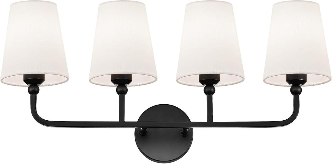 Bathroom Light Fixtures, 4 Light Matte Black Vanity Lights with Flared White Fabric Shade, 28 Inch Wall Sconce, Modern Sconces Wall Lighting for Hallway Bedroom, VL837-MB-4