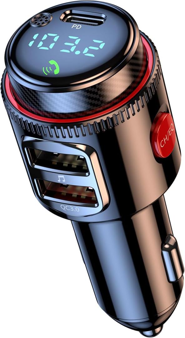 LIHAN Bluetooth 5.4 Car Adapter, Wireless AUX FM Transmitter, USB C&QC3.0 Dual Fast Charging, Cigarette Lighter Radio Music, Supports Hands-Free Siri Google Assistant & USB Drive, HiFi Bass Sound