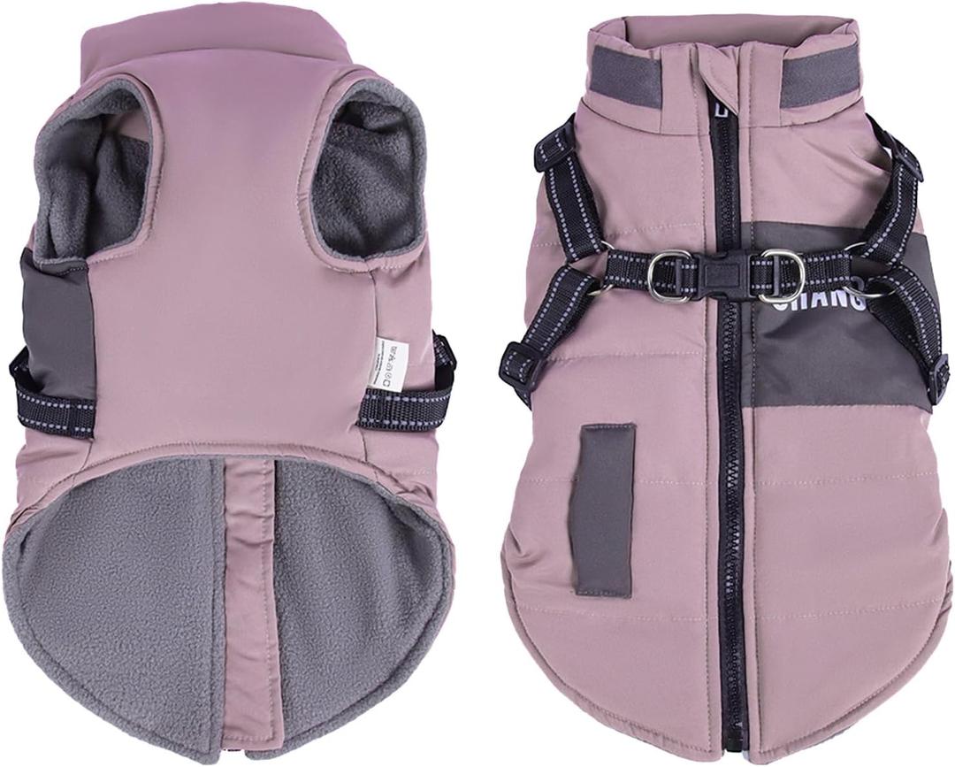 Dog Coat with Harness Built in,Waterproof Dog Jacket,Pet Harness Vest with Fleece Lining,Small Puppy Clothes Reflective Waterproof for Cold Weather-Purple-Large