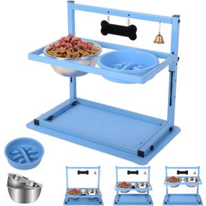 Blue Raised Dog Bowl Stand with Two 1700ml Stainless Steel Food Bowl, a Slow Feeder and Spill Proof Mat, Adjustable Elevated Dog Bowls for Large Medium and Small Breeds