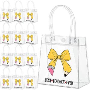 12 x Gilprop Pcs Clear PVC Gift Bags with Handles Transparent Party Favor Bags Reusable Plastic Treat Tote for Mother's Day Teacher Appreciation Week Gift Supplies, 5.9 x 6.3 x 2.76''(12,Best Teacher)