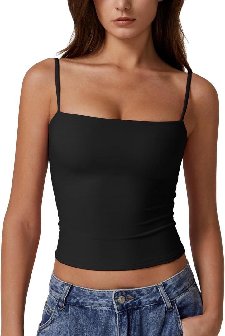 QINSEN Women's Double Lined Basic Tank Top Adjustable Spaghetti Straps Sleeveless Camisole Shirts (Black), S