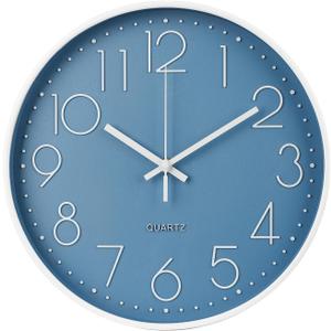 Wall Clock 10 Inch Non-Ticking Silent Modern Simple Style Round Decor Clock Cerulean Stereoscopic Dial Quartz Wall Clocks for Home/Office/School/Living Room/Bedroom/Kitchen