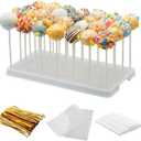 28 Holes Cake Pop Stand for Cake Pops, Lollipop Hold Stand, Cake Pop Display Holder, Candy Pop Holder with 100 Pcs Cake Pop Sticks, 100 Pcs Cake Pop Bags, 100 Pcs Gold Twist Ties(White)