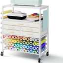 LUCKUP Organization and Storage Craft Table for Cricut Machines, Rolling Cart Cabinet with Extend Tabletop, 51 Vinyl Roll Holders, 5 Drawers & Heat Press Workstation
