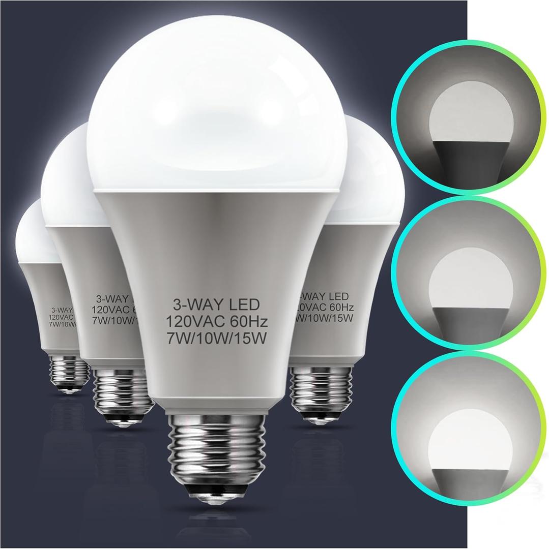 LOHAS 3-Way LED Light Bulbs, 4 Pack - 50/100/150W Equivalent, Daylight White 5000K, A19 E26 Base for Desk, Floor, Table Lamps