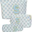 3 Pcs Makeup Bag Cosmetic bags for women Large Capacity Checkered Cosmetic Bag Canvas Travel Toiletry Bag Organizer Cute Makeup Bag Mother's Day Birthday Gift for Women (Blue S)