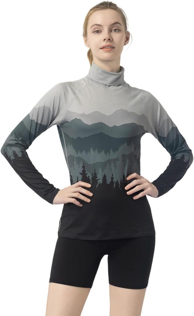 Women's Slim Fit Turtleneck Performance Base Layer - Mountain & Forest Print, Moisture-Wicking Long Sleeve Top (L)
