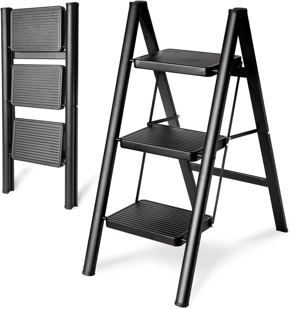 Step Ladder 3 Step Folding, Heavy Duty 330 Lbs Load 3 Step Ladder Folding Step Stool, Step Ladders for Home, Tall Kitchen/Closet Ladder 3 Step for Adults, Small Three Step by OOSOFITT (Black)