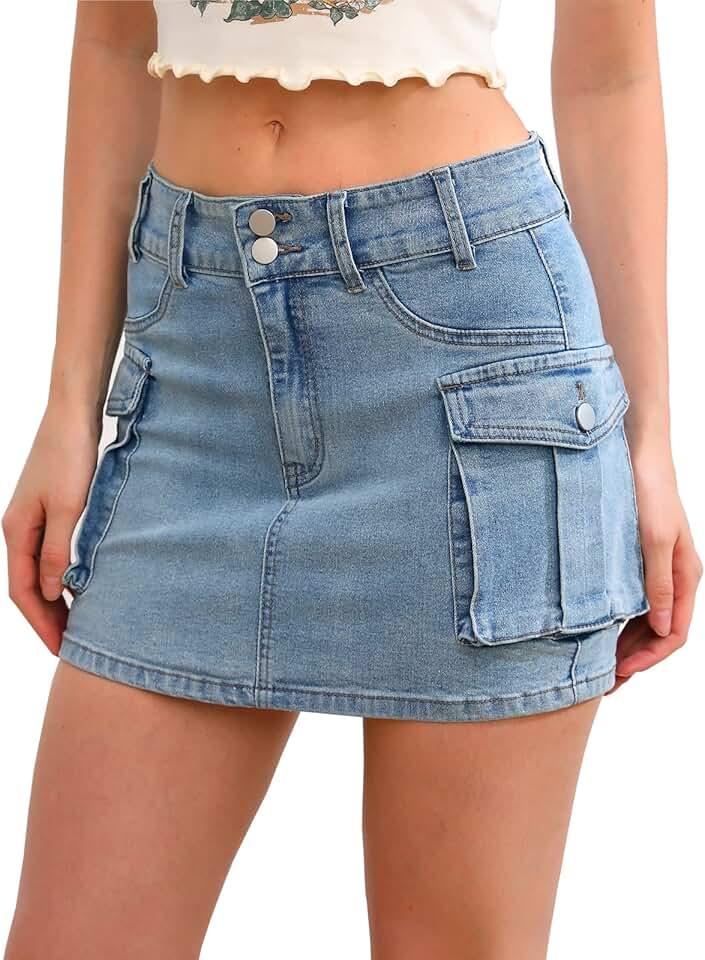 CZFDHP Low Waist Cargo Skirt Women Button Mini Cargo Denim Skirt with Pocket Mini Skirt, Medium