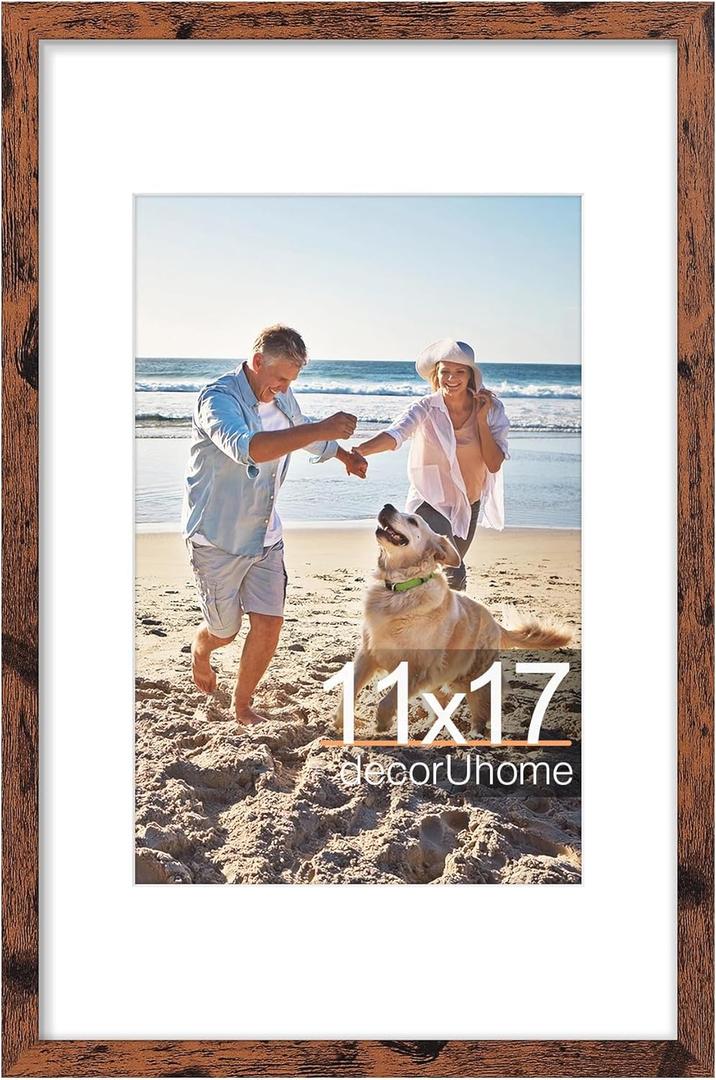 decorUhome 11x17 Picture Frame, Display Pictures 8x12 with Mat or 11x17 without Mat, Wall Hanging Poster Frame, Distressed Brown, 1 Pack