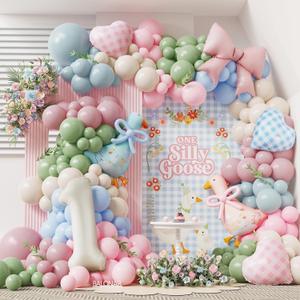 One Silly Goose Balloon Garland Balloon Arch Silly Goose Birthday Party Decorations with 165PCS Dusty Sage Green Pink Blue Latex Balloons for Girls Boy Birthday Gingham Pink Party Decor