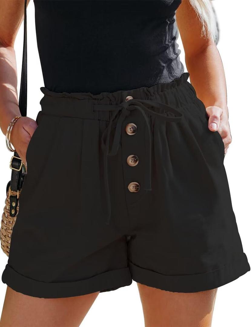 ANFTFH Womens Casual Shorts Summer Drawstring Elastic Waist Comfy Shorts with Pockets (Black, L)