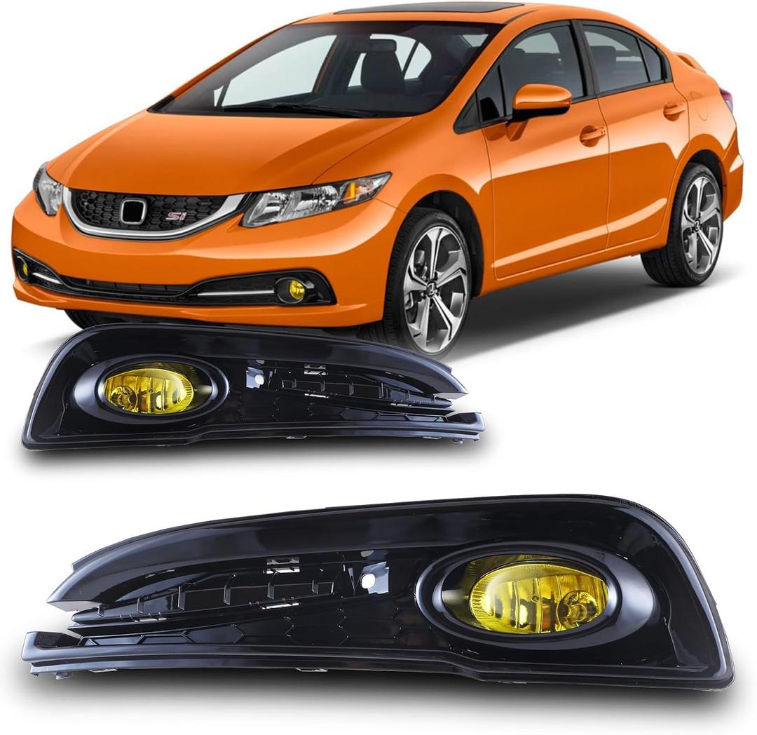 Fog Lights for Honda Civic Sedan 4-Door 2013 2014 2015 with H11 12V55W Halogen Bulbs Fog Lights Assembly with Wiring Kit & Switch-1 Pair (Yellow Glass Lens)