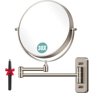 Auxmir 1X/30X Wall Mounted Makeup Mirror, Double-Sided Magnifying Mirror with Tweezers, Bathroom Makeup Mirror, Cosmetic Vanity Mirror with 360 Rotation Extendable Swivel Arm, Nickel