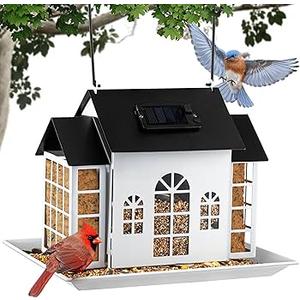Bird Feeders for Outdoors, Solar Bird House Hanging Metal Birds feeder with Double Small Suet Cage Cake, Large Capacity Finch Cardinal Chickadee, Garden Decor for Outside, Unique Gifts for Mom, Grandma