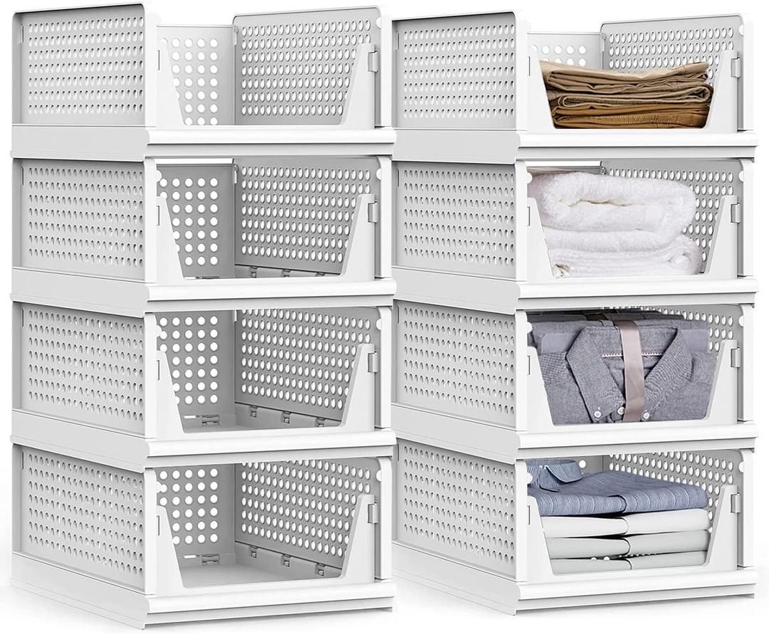 yazi Stackable Storage Bins,8 Pack Foldable Plastic Wardrobe Clothes Organizer Drawer Shelf Storage Basket Container Plastic Drawer Organizer Shelf Baskets Folding Containers Bins Cubes (Light Grey)