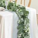 KHOYIME Eucalyptus Garland with White Flowers, 2 Packs 5.9Ft Artificial Silver Dollar Eucalyptus Leaves Plant Fake Greenery Hanging Ivy Vines Faux Wreath for Wedding Arch Party Mantle Table Home Decor