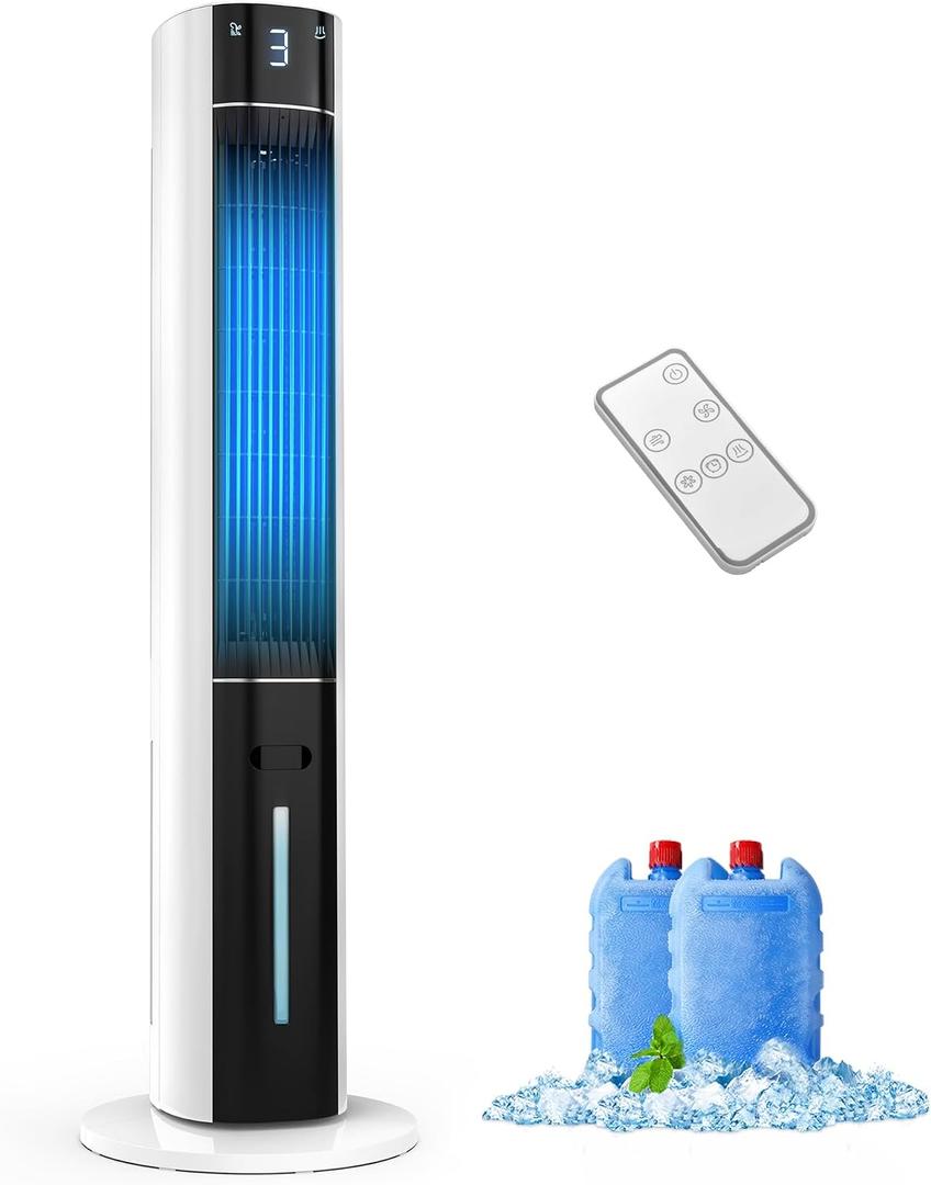 Evaporative Air Swamp Cooler, Cooling Fans that Blow Cold Air, 38in | Portable design, tower fan with 3L water tank, ice packs, remote control, 3 speeds, that cools for bedroom, Ivory White 