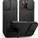 SURITCH for iPhone 15 Pro Max Case with Magnetic Camera Slide Cover and Adjustable Kickstand, Compatible with MagSafe, Shockproof Bumper Case Slim Protective Cover 6.7 Inch, Black