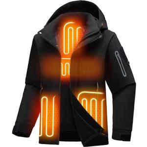 Jsslaik Men's Performance Insulated Jacket with 4D Smart Heating Windproof Waterproof Ski Mountaineering Coat Lightweight 1800g Fill and Graphene Lining Detachable Hood USB Heated （Black-S）