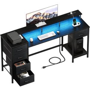 55 Inch Computer Gaming Desk with Power Outlets LED Lights, Reversible Home Office Desk with Adjustable Fabric Drawers for Working Writing Study, Black Oak