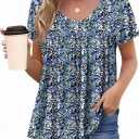 HOTOUCH Womens Short Sleeve Tunic Tops V Neck Loose Fit Ruffle Sleeve Shirts Summer Floral Dressy Casual Boho Blouses (Small, Blue Pink)