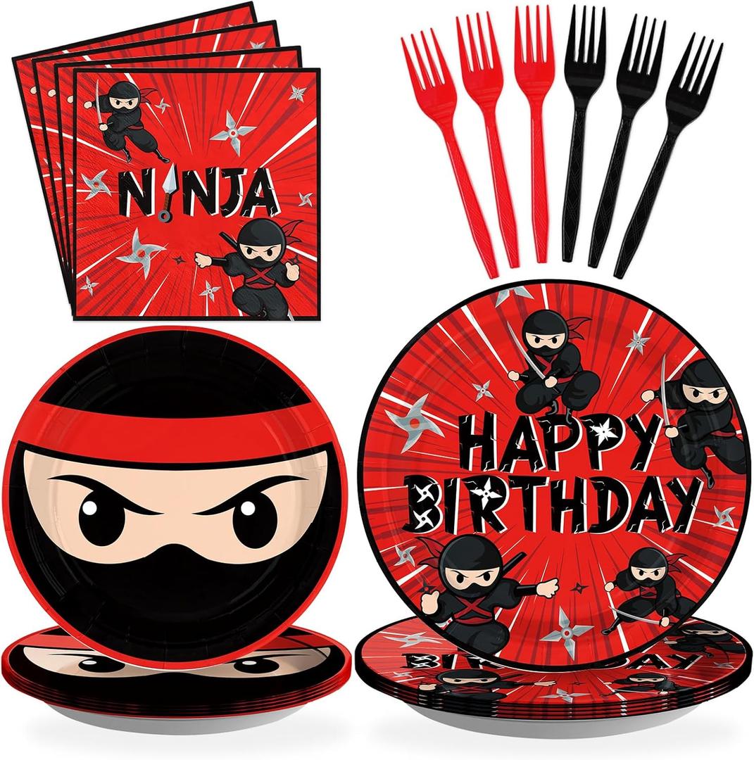 Grencian 96 Pcs Ninja Birthday Party Decorations Ninja Warrior Plates Supplies Disposable Heavy Duty Ninja Master Tableware Set for Kids Boys Karate Party Favors Serves 24 (Red & Black)