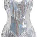 IBAKOM Sexy Sequins Fringe Bodysuit Halter Lace Up Back Jazz Latin Dance Tassel Leotard Acrobat Costume Rave Concert Outfits (Large, Silver)