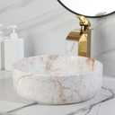 White Marbling Bathroom Vessel Sink with Waterfall Faucet and Pop-Up Drain Combo,14 Inch Ceramic Vessel Sink Above Counter Round Bathroom Sink Bowl,Small Sink for Bathroom