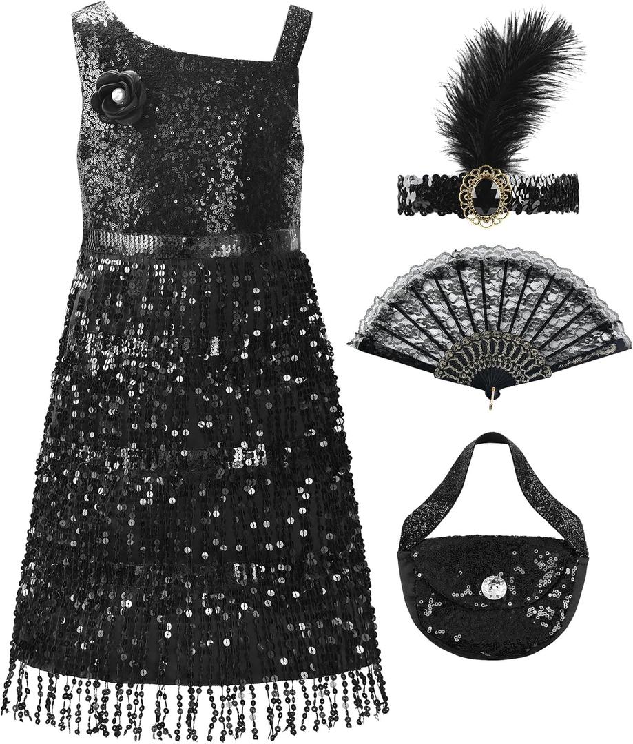 ReliBeauty Roaring 20s Girls Flapper Dress 1920s Costume with Headband and Bag (7-8/130, Black)