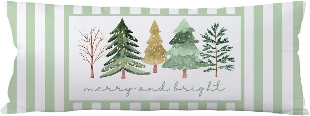 Green Christmas Tree 20x54 Body Pillow Cover, Preppy Christmas Decor, Merry and Bright Winter Xmas Holiday Long Body Pillowcase Hugging Pillow Covers for Adults Women Men Kids