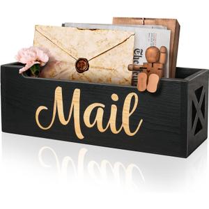 Mail Organizer Mail Holder Countertop, Rustic Wooden Mail Basket Mail Tray Letter Holder Box for Desk Home Office Wall Mount (Black)