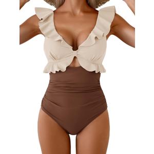 Aidonger Women's One Piece Swimsuit Tummy Control Ruffle Bathing Suit V Neck Ruched Swim Suit Slimming Cutout Swimwear (Beige, L)