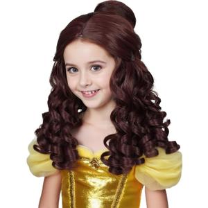 Half and Half Princess Brown Wig Dark Brown Curly Wig with Bun for Halloween Dress Up Party Costumes