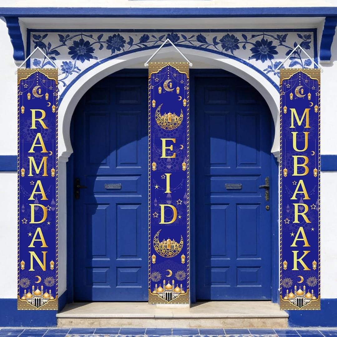 Eid Decorations for Home Door Banners 3Pcs Ramadan Mubarak Large Size Porch Sign Banners for Home Party Office Door Decor Supplies
