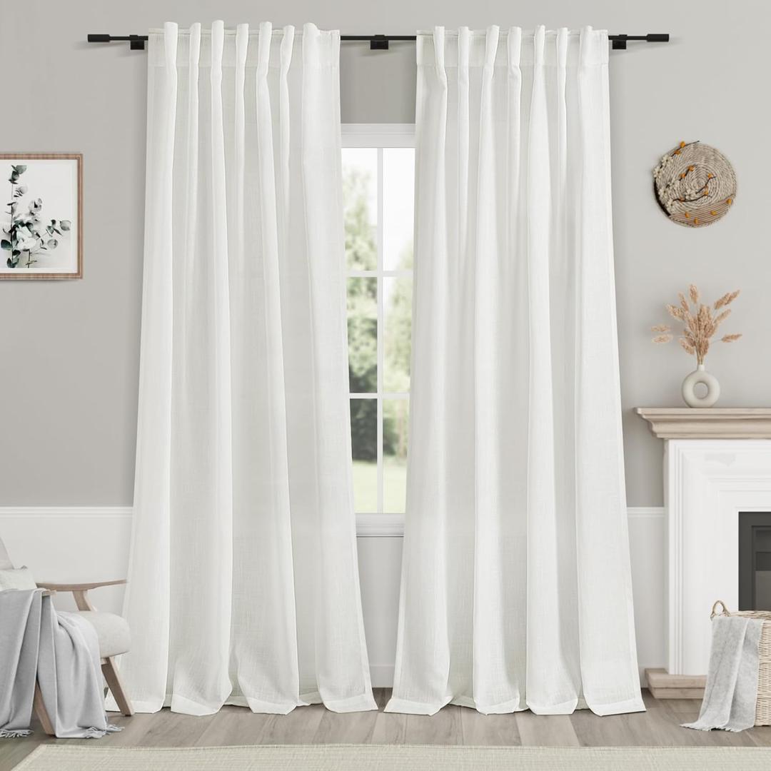 Nanspring Linen Curtains 84 Inch Length 2 Panels Set,Ivory - Back Tab Pocket Flax Linen Cotton Textured Curtains for Living Room Dining Room Cream White Natural Light Filtering Window Drapes 52X84