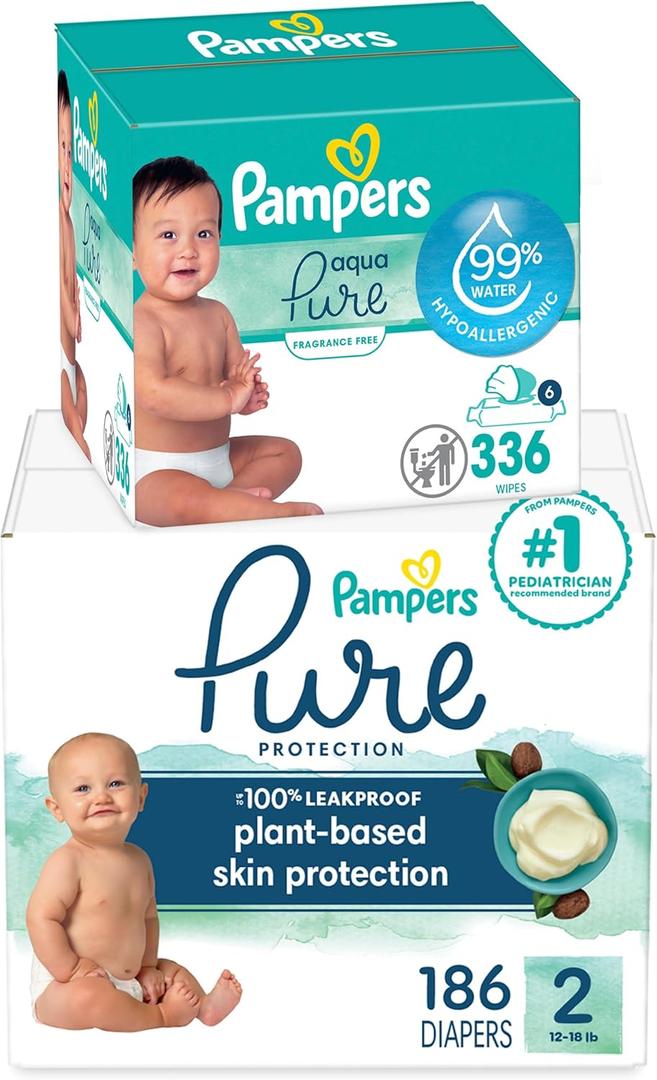Pampers Pure Protection Disposable Baby Diapers Size 2, 186 Count with Aqua Pure Baby Wipes, 6X Pop-Top Packs (336 Count)