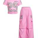 RoseSeek Girl's 2 Piece Summer Outfits Short Sleeve Ruched Basic Tess and Camo Cargo Pants Sets Trendy Pure Pink 12Y