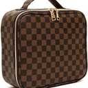 Checkered Makeup Bag - Spacious Travel Cosmetic Organizer with Adjustable Compartments | Waterproof PU Leather Toiletry Bag for Women | Stylish Gift for Christmas, Birthdays, Valentines Day