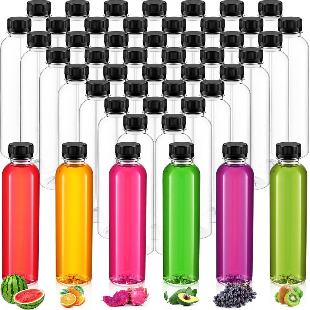 Dandat 50 Pcs 10 oz Clear Plastic Juice Bottles with Caps Reusable Empty Sensory Bottles Bulk Disposable Drink Storage Containers for Juicing, Drinking and Other Beverages