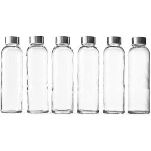 Epica Clear Glass Bottles with Lids, 18oz Resuable Glass Water Bottles for Juicing with Stainless Steel Cap to store Milk, Smoothie, etc., 100% Leak Proof, Durable and Dishwasher Safe (Set of 6)