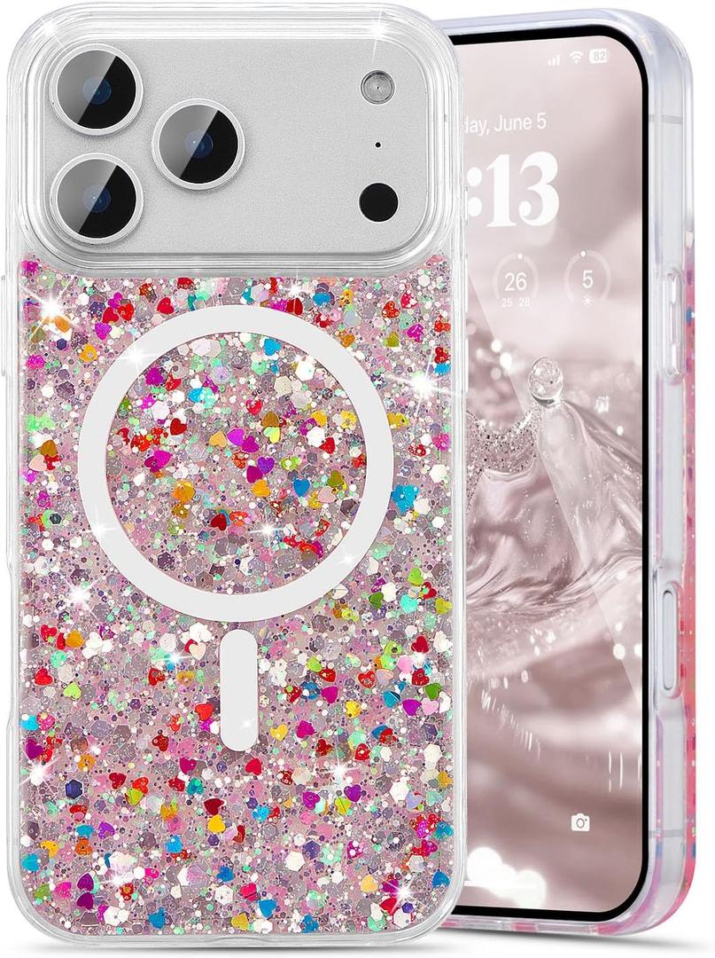 UEEBAI Glitter Case Magnetic for iPhone 17 Pro Case, Luxury Shiny Bling Sparkly Phone Cover Compatible with MagSafe, Wireless Charge Crystal Diamonds Shiny Cover for Women - Pink