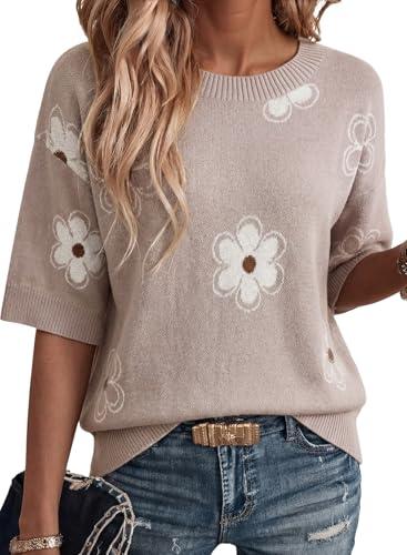 Dokotoo Short Sleeve Sweaters Womens Crewneck Floral Pullover Sweater Cute Summer Tops for Women Trendy Blouses Business Casual Outfits Soft Cotton Women Fashion Clothing Gray XL