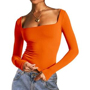 Dwnval Long Sleeve Shirts for Women - Basic Slim Fit Double Lined Square Neck Crop T Shirt(Orange, S)