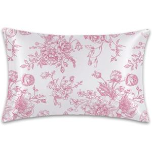 Satin Pillowcase 1 Pack - Pink Flowers Peonies Roses Floral Silky Pillow Cover for Hair and Skin,Queen Size 20x30 Inch Soft Cooling Printed Pillow Cases with Hidden Zipper,Gifts for Women Men